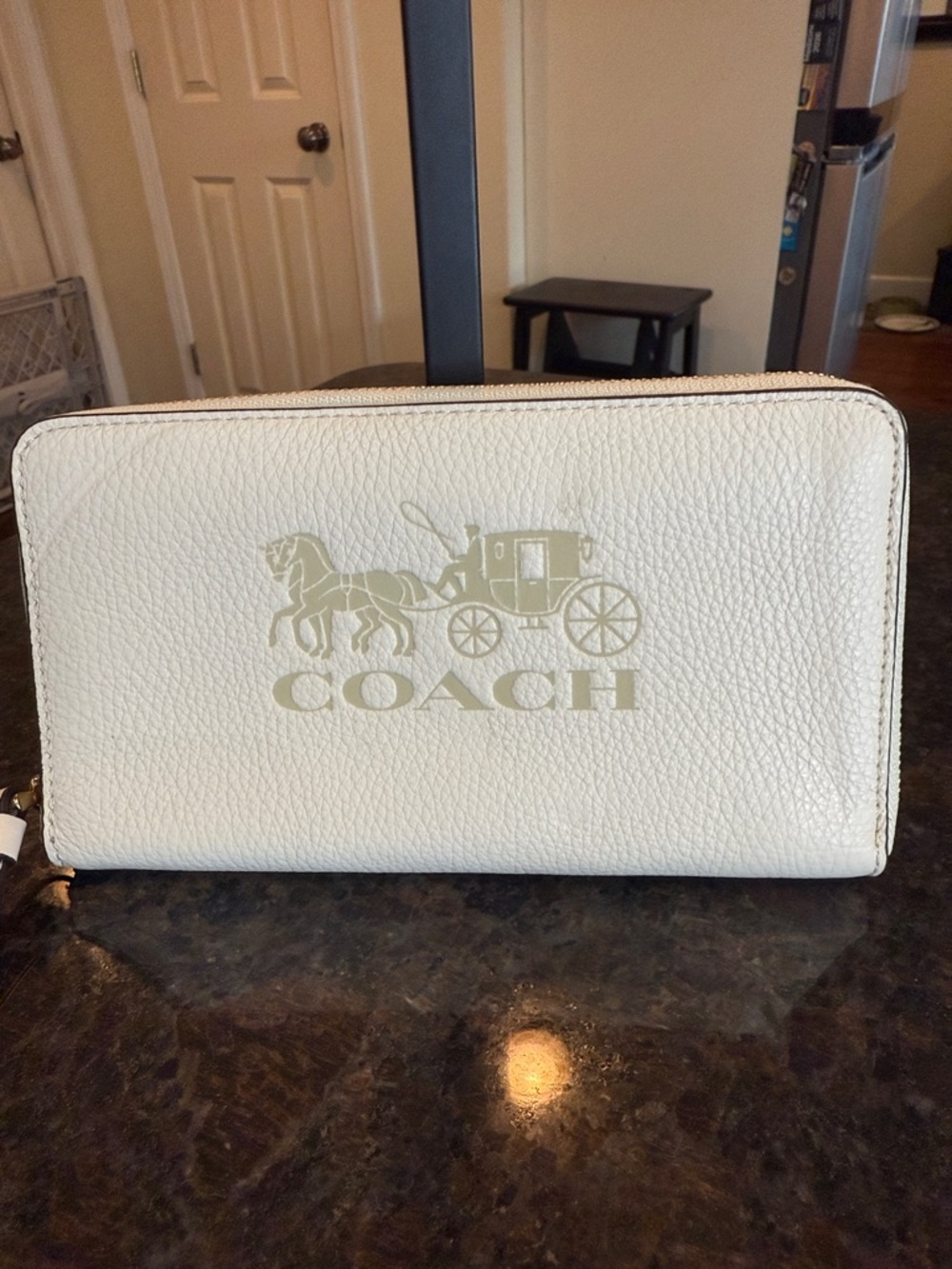 Coach Heritage Cream Zip-Around Pebbled Leather Wristlet with Gold Logo
